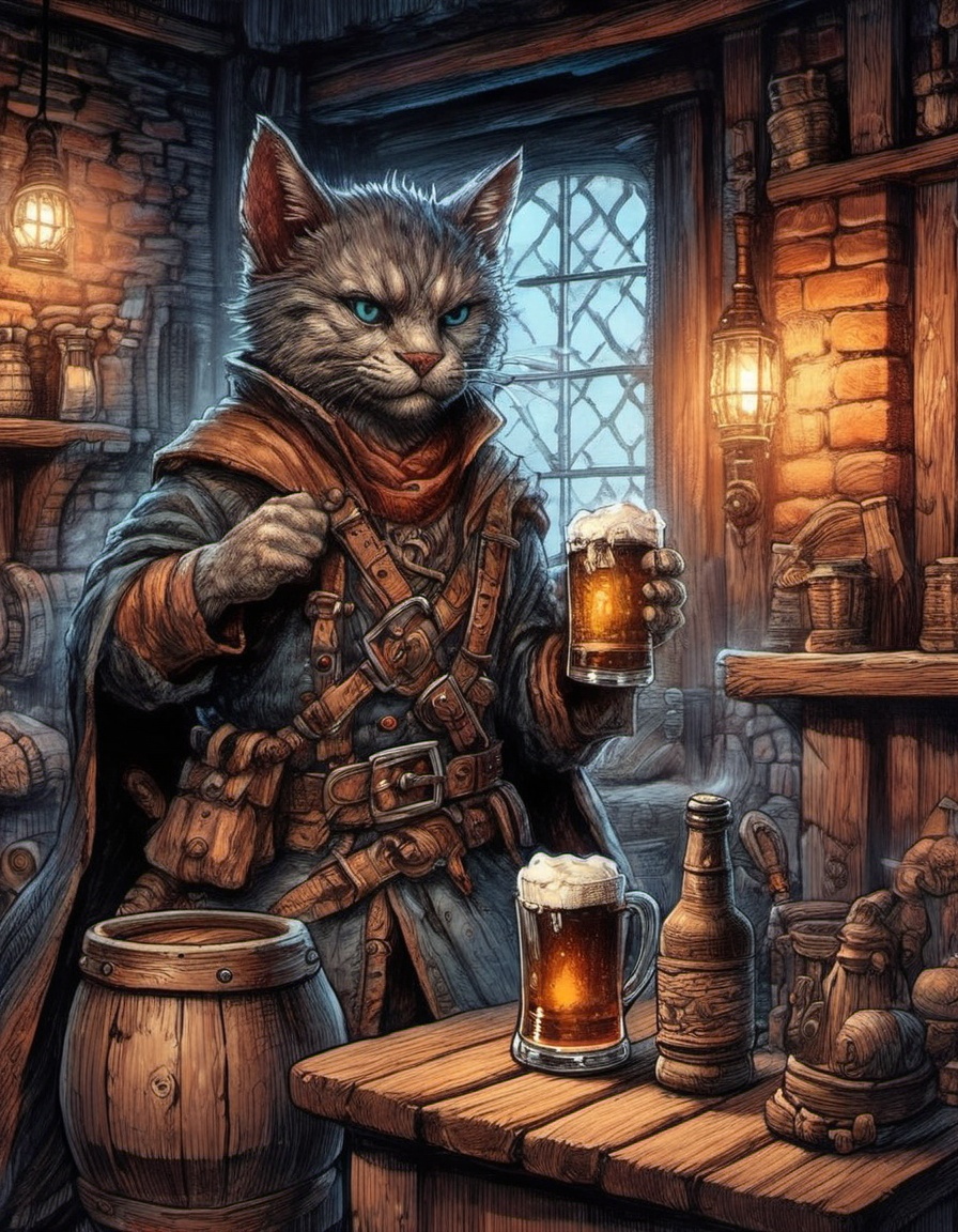 fantasy anthropomorphic cat warrior in dark tavern holding a pint of ale in a cozy environment with gas lamps rustic wood...