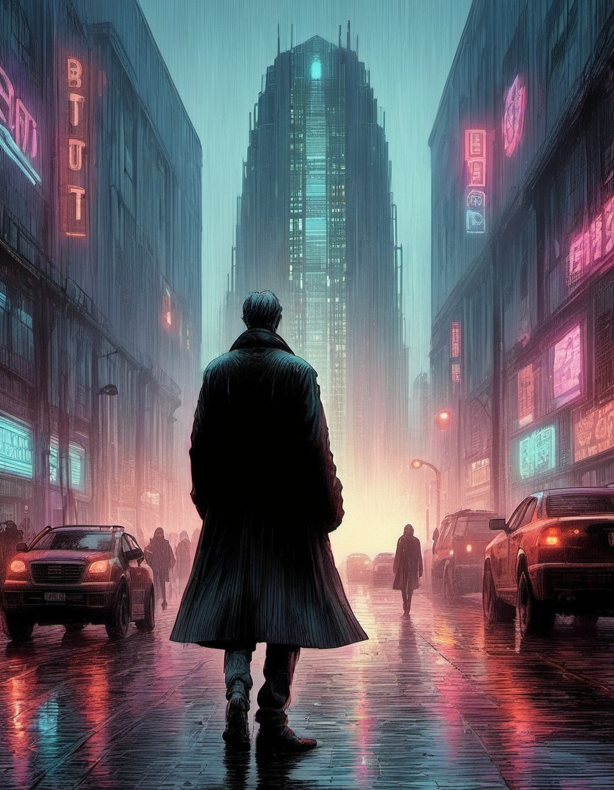 sci-fi brutalist architecture shrouded in mist and fog obscured neon lights wet roads closeup of tall thin man in long coa...