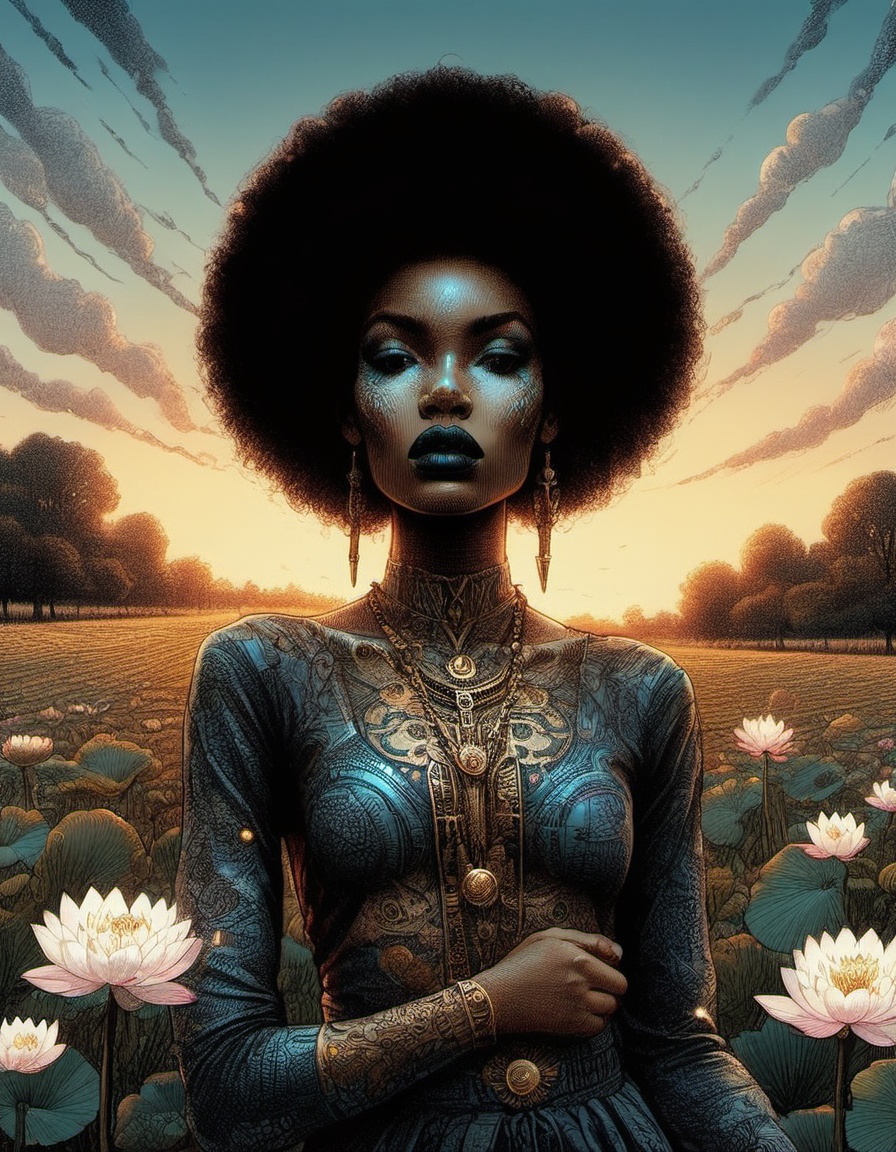 Afrofuturistic supermodel fused with kintsugi intricate ornate afro blowing in wind standing in field at dusk with beautif...