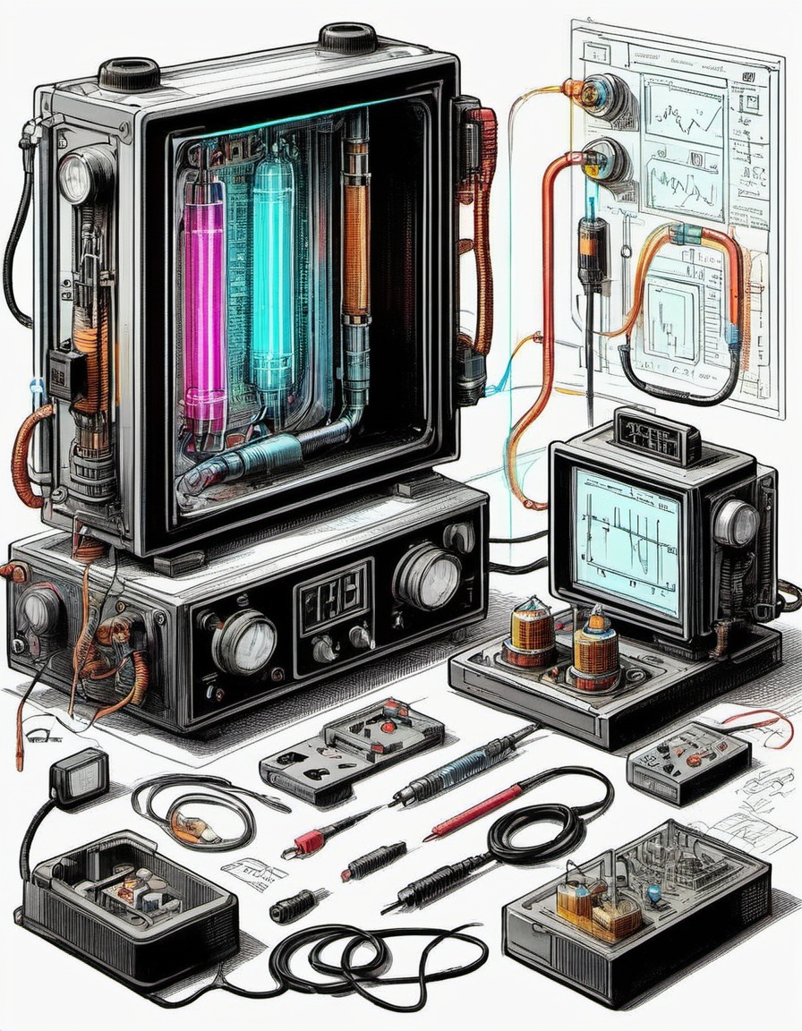isometric diagram of a boxy flux capacitor with exposed vacuum tubes and an oscilloscope and digital display wiring electr...