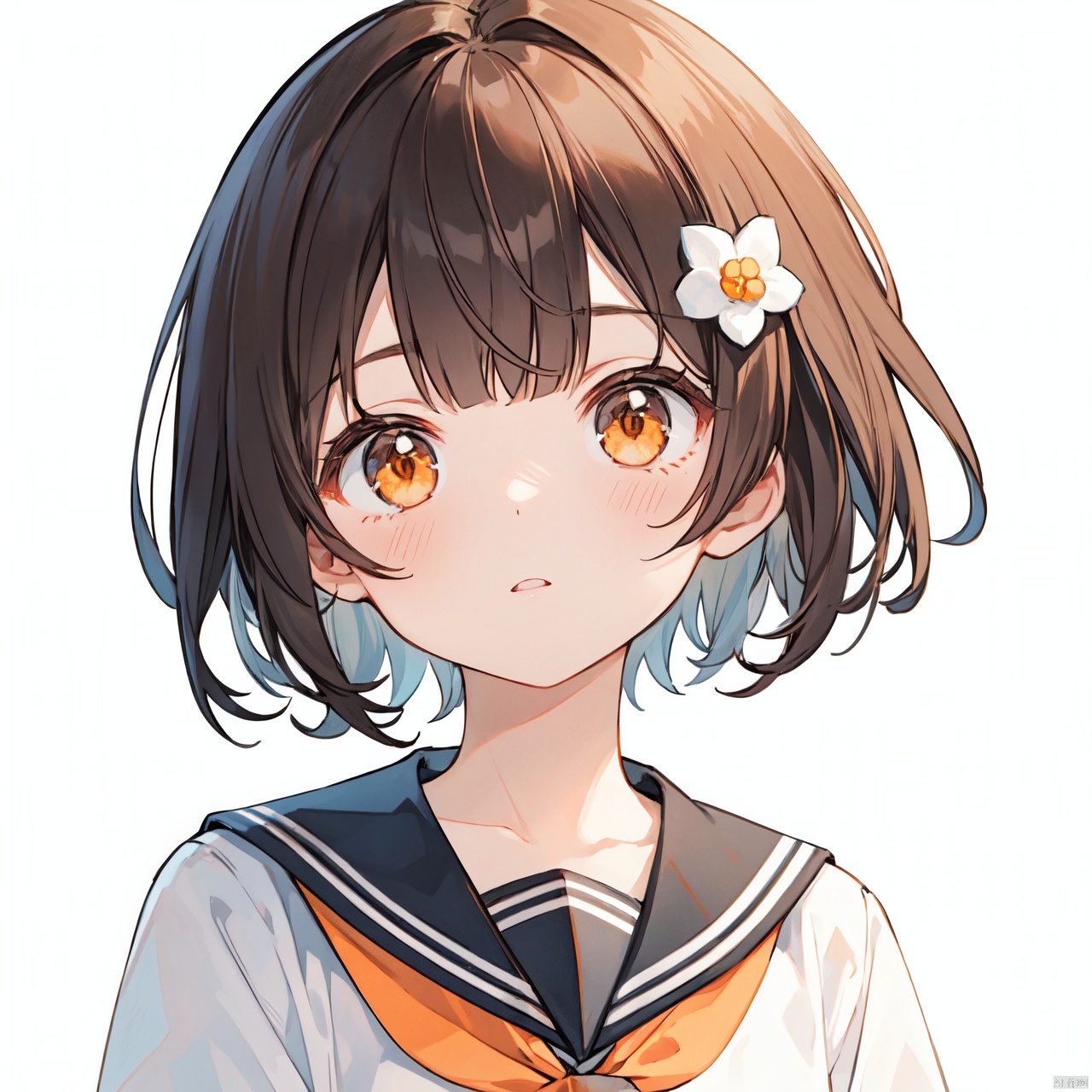  solo, 1girl,simple background, bangs, hair ornament, serafuku,short hair, parted lips,muted color, neckerchief, brown hair,blunt bangs,orange eyes, black sailor collar, looking at viewer,city