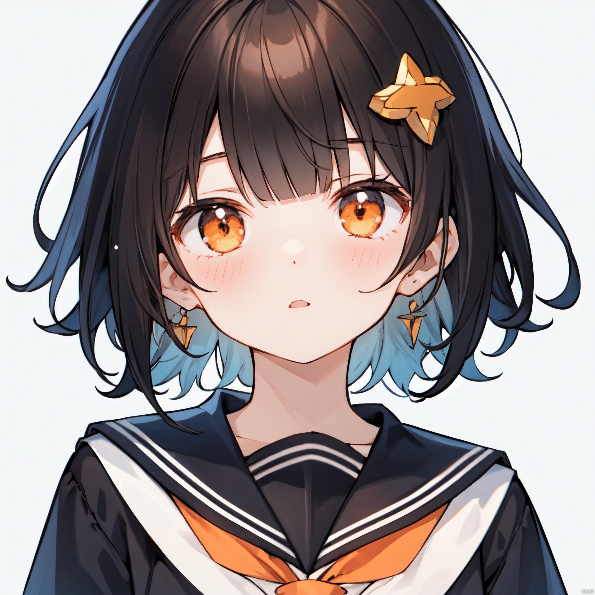  solo, 1girl,simple background, bangs, hair ornament, serafuku,short hair, parted lips,muted color, neckerchief, brown hair,blunt bangs,orange eyes, black sailor collar, looking at viewer,city