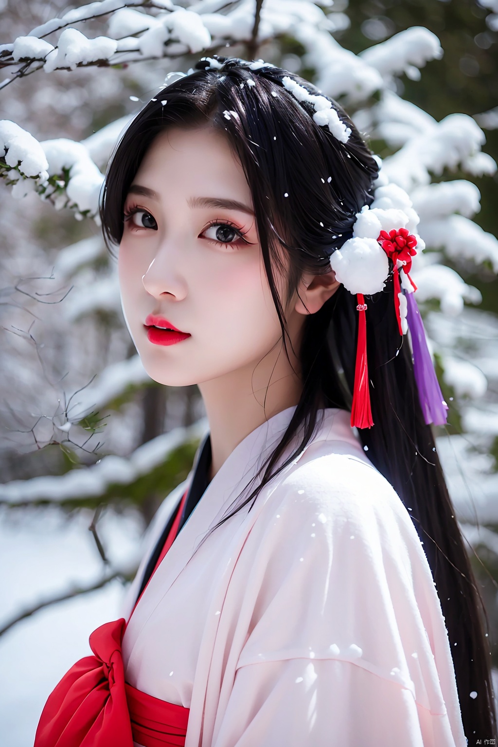 tree, 1girl, bare_tree, japanese_clothes, solo, black_hair, snow, kimono, makeup, red_lips