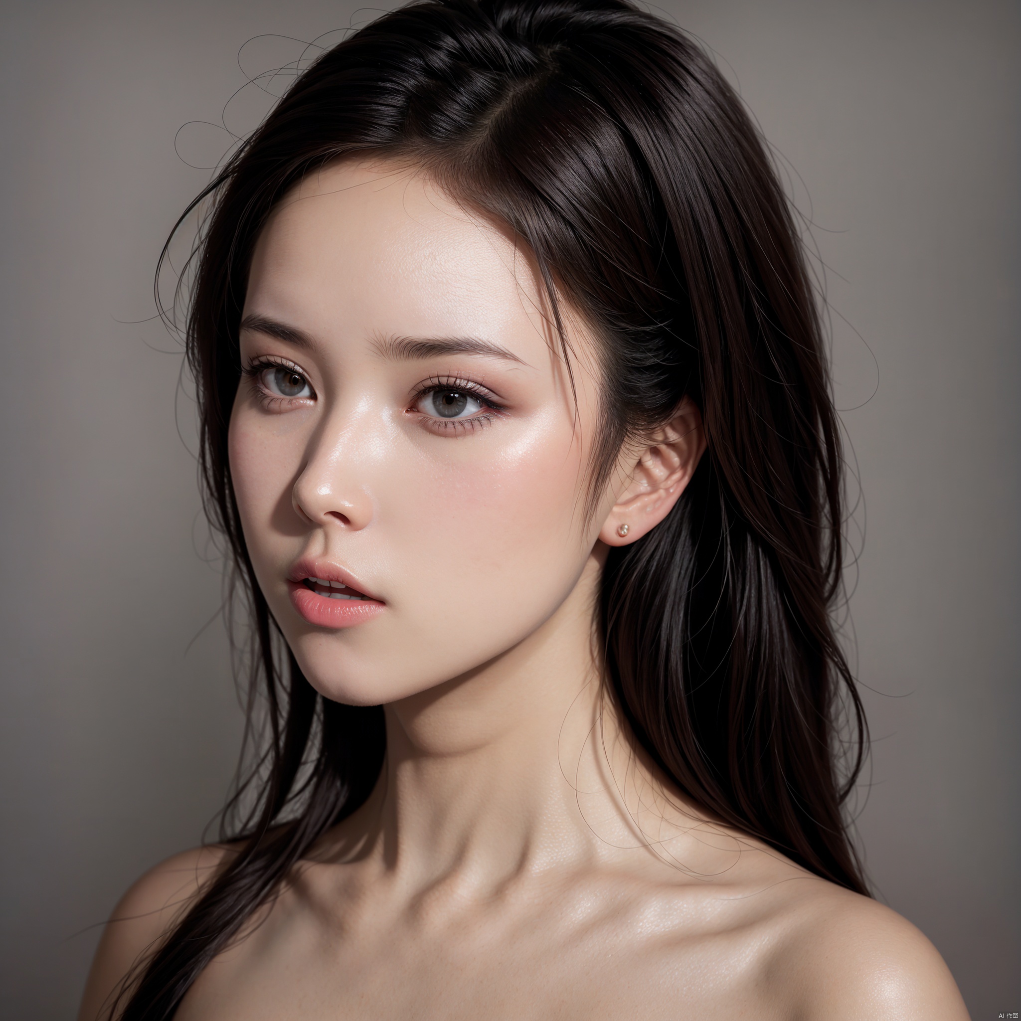  1girl,solo,realistic,closed mouth,grey_background,look at the viewer,portrait, HUBG_Beauty_Girl, 