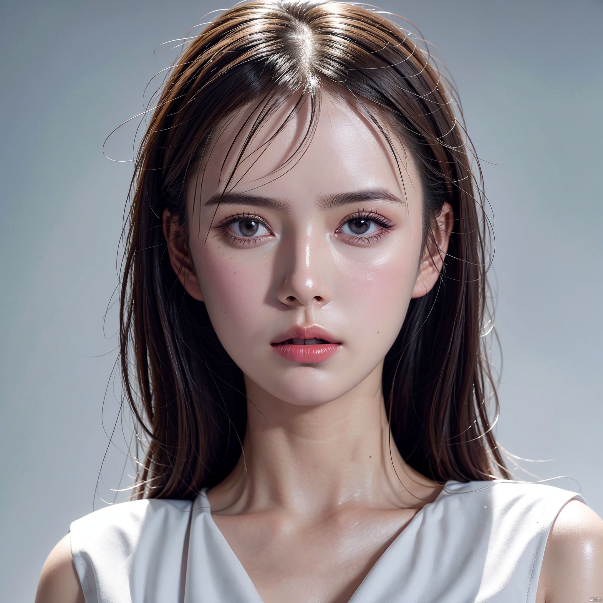  1girl,solo,realistic,bangs,closed mouth,grey_background,look at the viewer,portrait, HUBG_Beauty_Girl