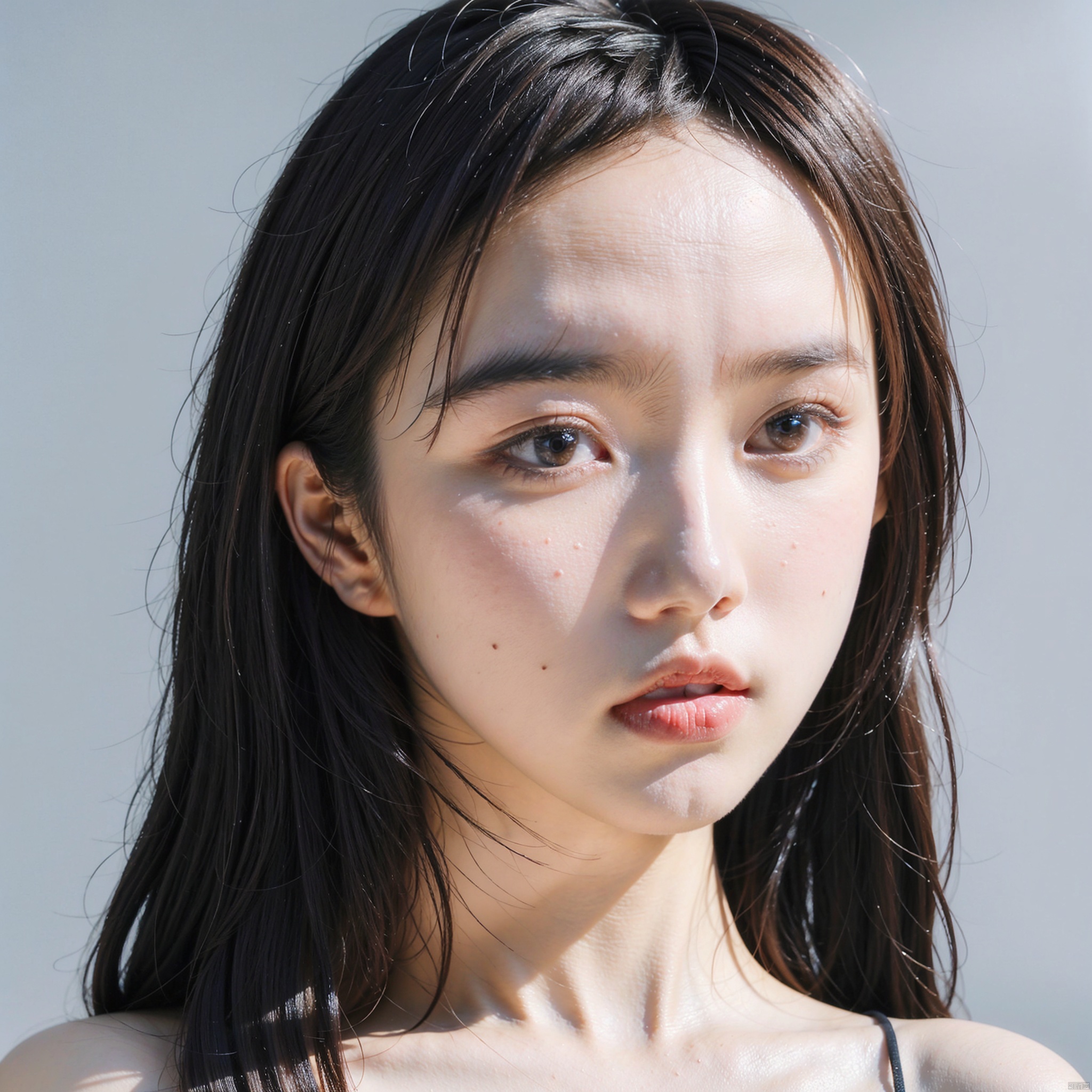  1girl,solo,realistic,closed mouth,grey_background,look at the viewer,portrait, HUBG_Beauty_Girl, , huliya, lau