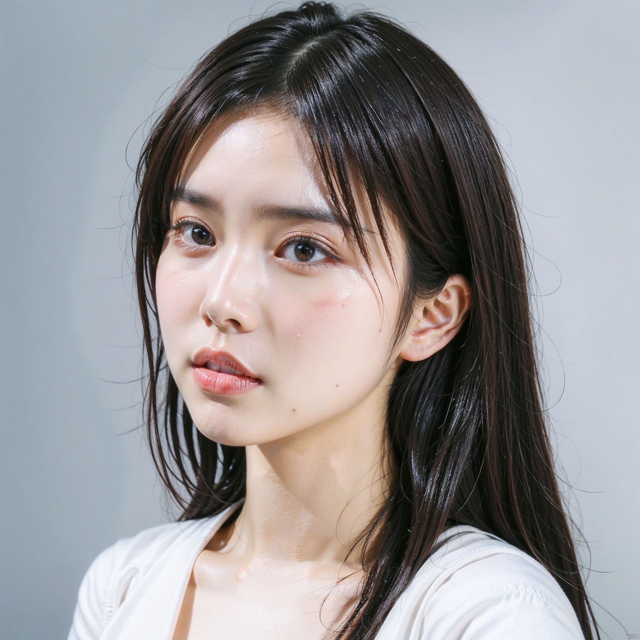  1girl,solo,realistic,closed mouth,grey_background,look at the viewer,portrait, HUBG_Beauty_Girl, , huliya, lau