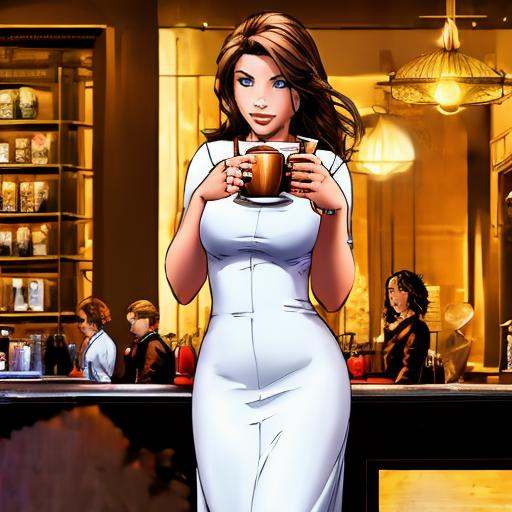 mtms,  a woman with brown hair in a cafe drinking tea,  full body on Tensor.Art