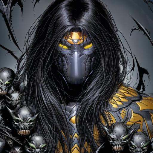 darkness,  man with black hair yellow glowing eyes and silver mask wearing black yellow green armor with metal tendrils an...