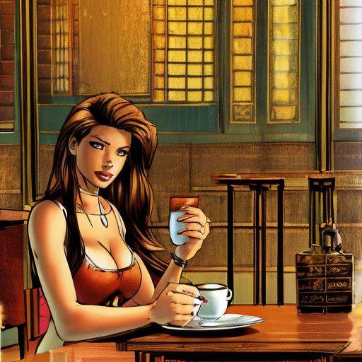 mtms,  a woman with brown hair in a cafe drinking tea,  full body on Tensor.Art