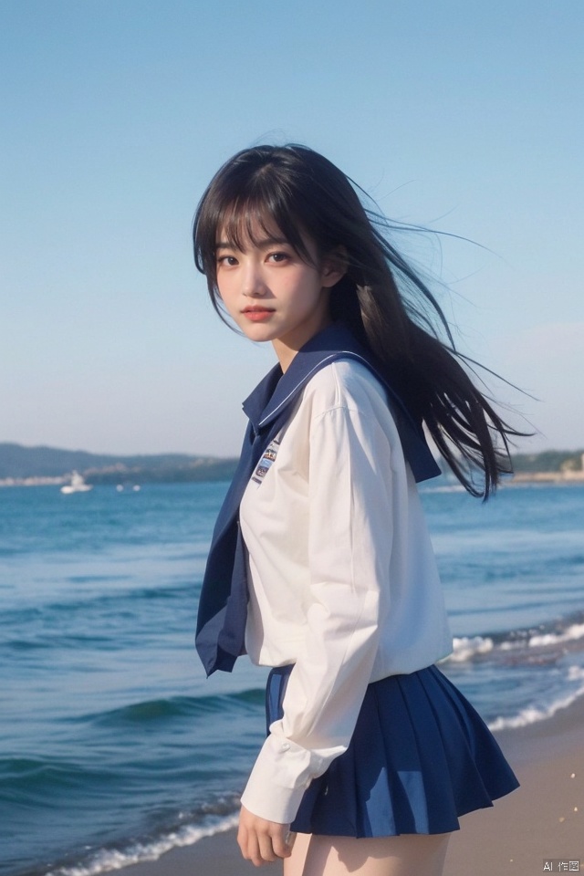 A masterpiece of the highest quality, delivered in ultra high resolution. Depict a stunning image of a high school girl in a sailor uniform. Show intricate details such as the pleated skirt, white blouse, and navy blue accents. Set the scene on a beach with gentle waves and a clear sky. The atmosphere should be serene and peaceful, yet full of youthful innocence and energy. Use professional camera techniques to capture the girl's beauty and bring out the vibrant colors of the uniform against the natural backdrop.
