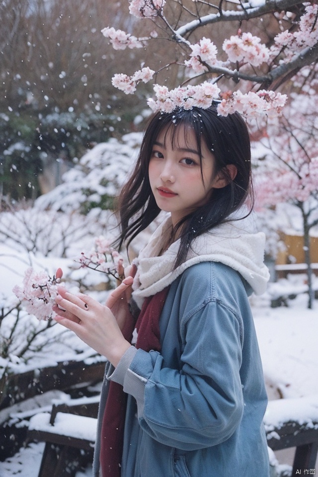 snowing,with plum blossoms next to her,
