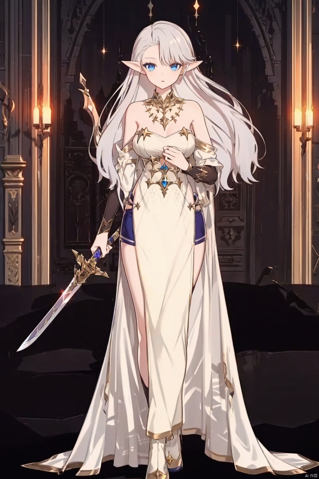  1111, 1girl, long hair, blue eyes, pointy ears, dress, standing, full body, elf, white dress, bare shoulders, weapon, looking at viewer, solo, breasts, detached sleeves, sword