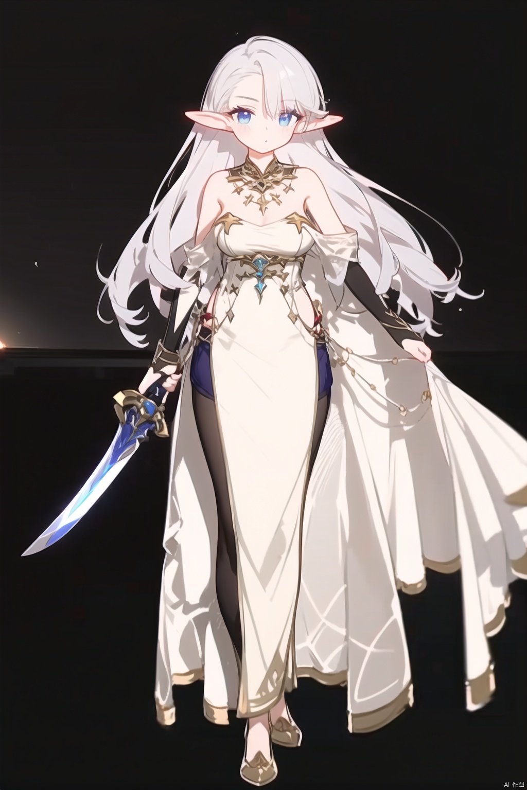  1111, 1girl, long hair, blue eyes, pointy ears, dress, standing, full body, elf, white dress, bare shoulders, weapon, looking at viewer, solo, breasts, detached sleeves, sword