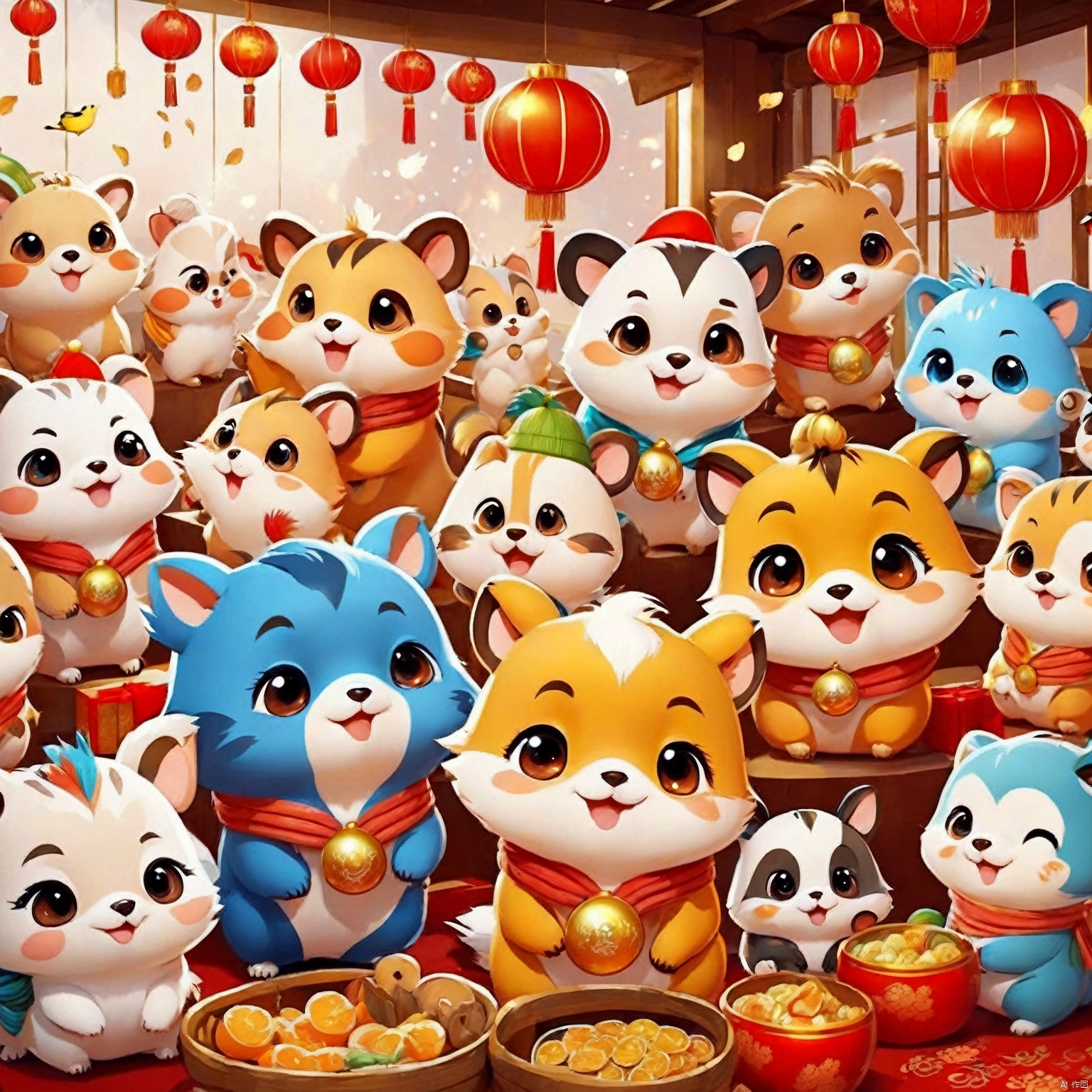  many animals, cute, poakl cartoon newyear style,best quality,masterpiece,,