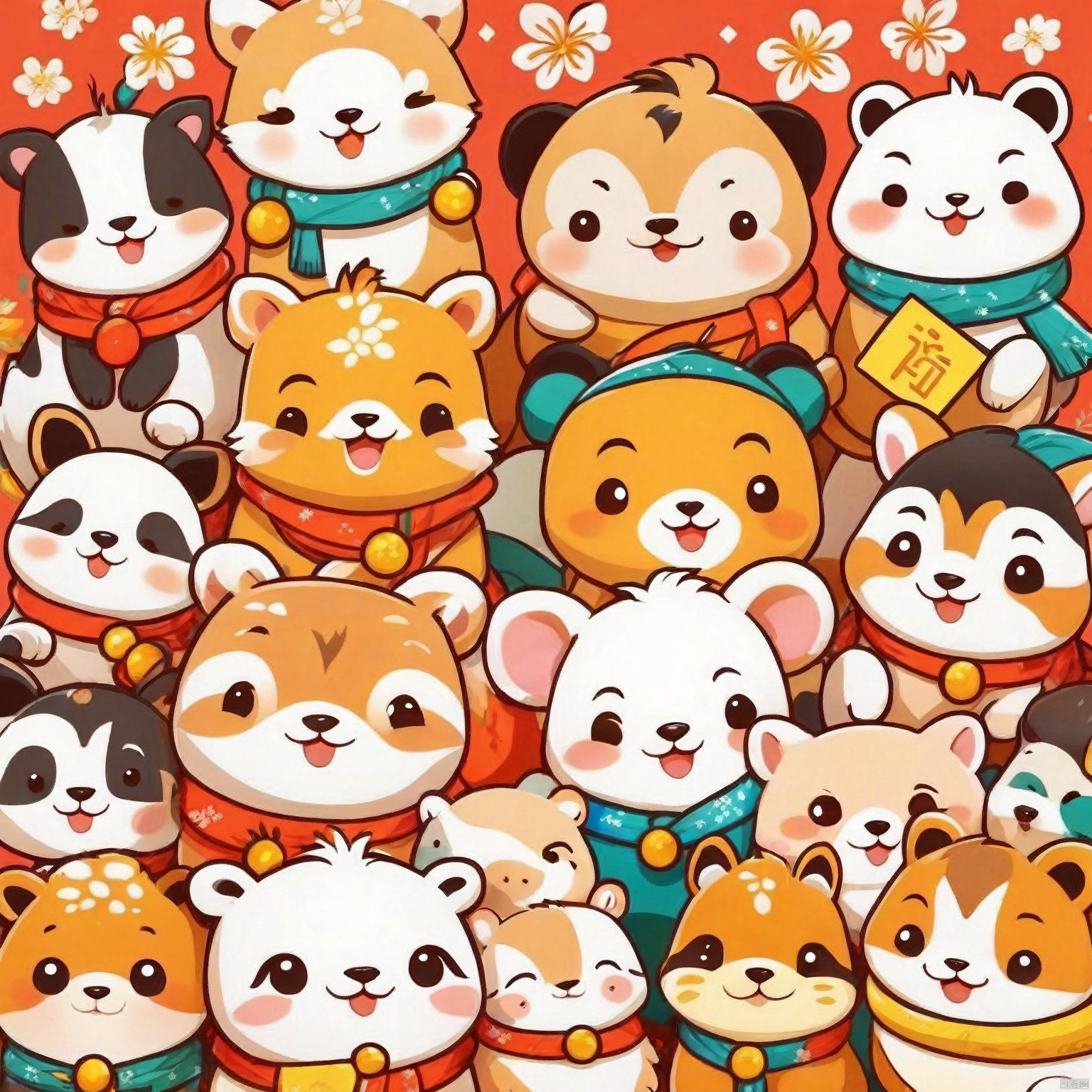  many animals, cute, poakl cartoon newyear style,best quality,masterpiece,,