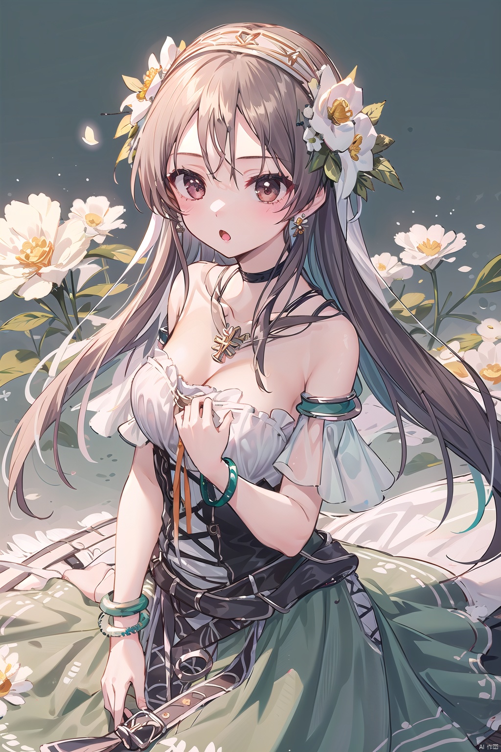 1girl,  :o,  bare shoulders,  bracelet,  breasts,  brown eyes,  brown hair,  choker,  cleavage,  collarbone,  cross,  dress,  earrings,  flower,  green background,  hair flower,  hair ornament,  hairband,  jewelry,  long hair,  medium breasts,  necklace,  solo,  white flower,  eris_floralia