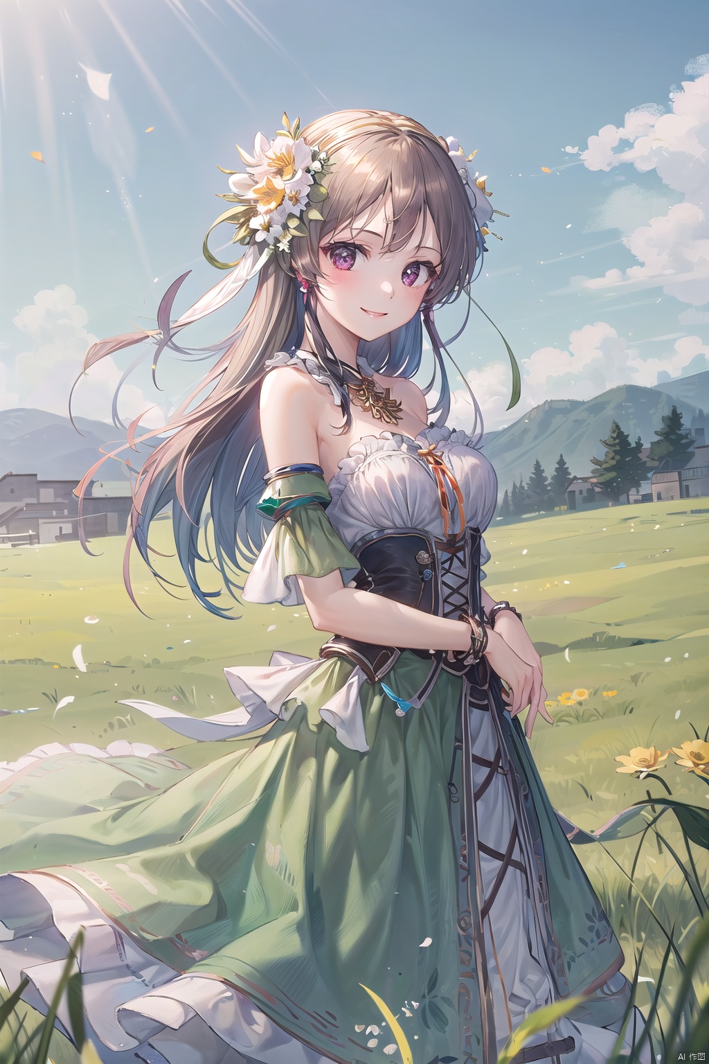 1girl, eris_floralia, bare shoulders, brown hair, flower, green dress, green skirt, hair flower, hair ornament, long hair, looking at viewer, smile, (flower field), grass, sunny, beautiful sky,
