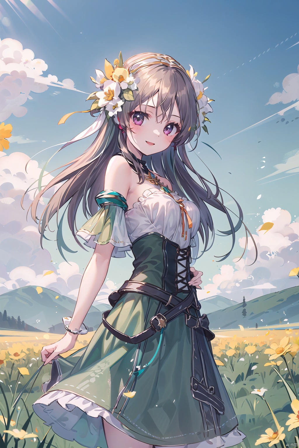 1girl, eris_floralia, bare shoulders, brown hair, flower, green dress, green skirt, hair flower, hair ornament, long hair, looking at viewer, smile, (flower field), grass, sunny, beautiful sky,