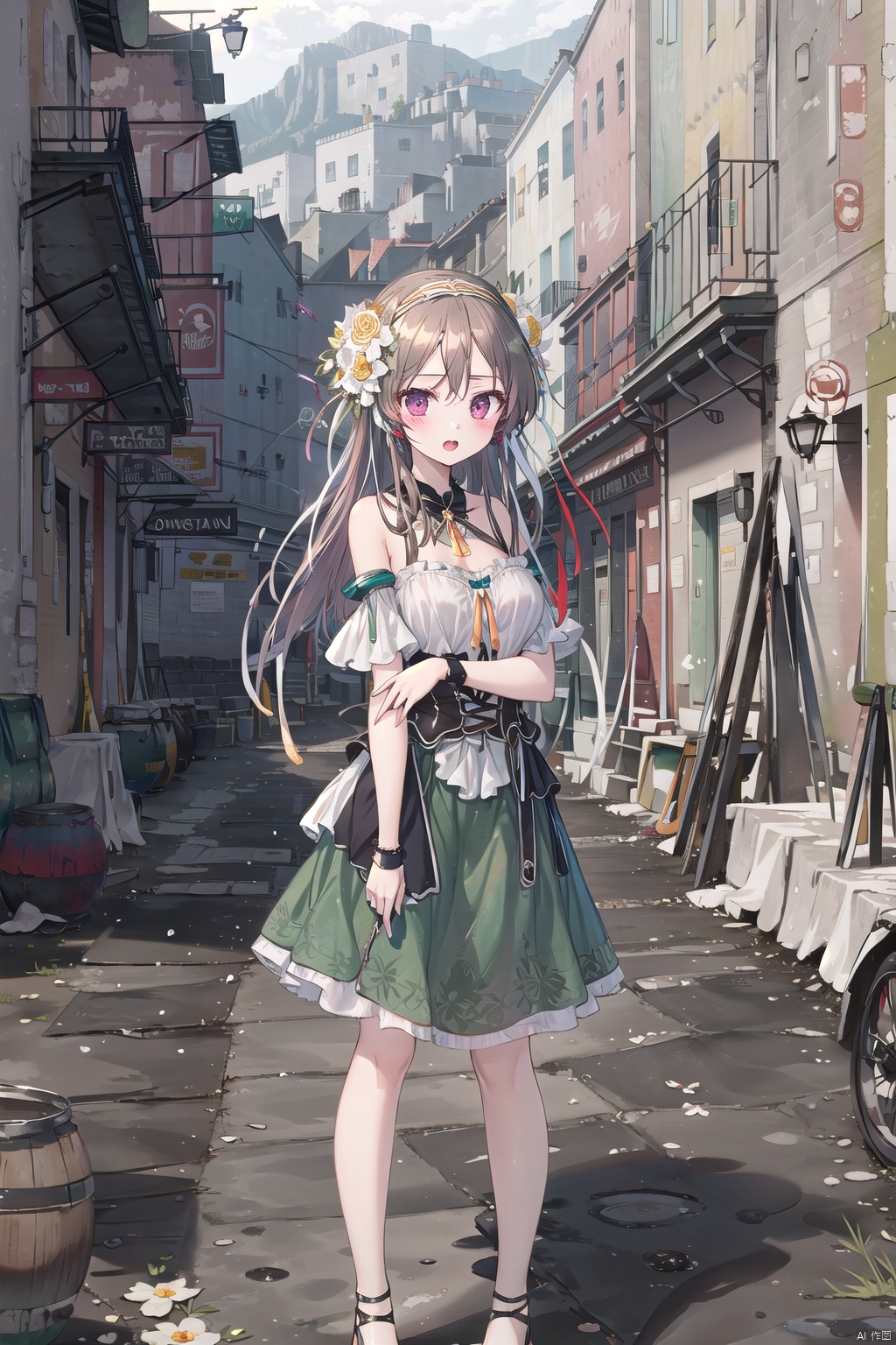 1girl,  bare shoulders,  blush,  breasts,  brown hair,  building,  city,  flower,  green dress,  green skirt,  hair flower,  hair ornament,  hairband, lamppost,  long hair,  looking at viewer,  open mouth,  outdoors,  ,  road,  sandals,  scenery,  short sleeves,  skirt,  solo,  standing,  street,  (dark theme:1.2), eris_floraria