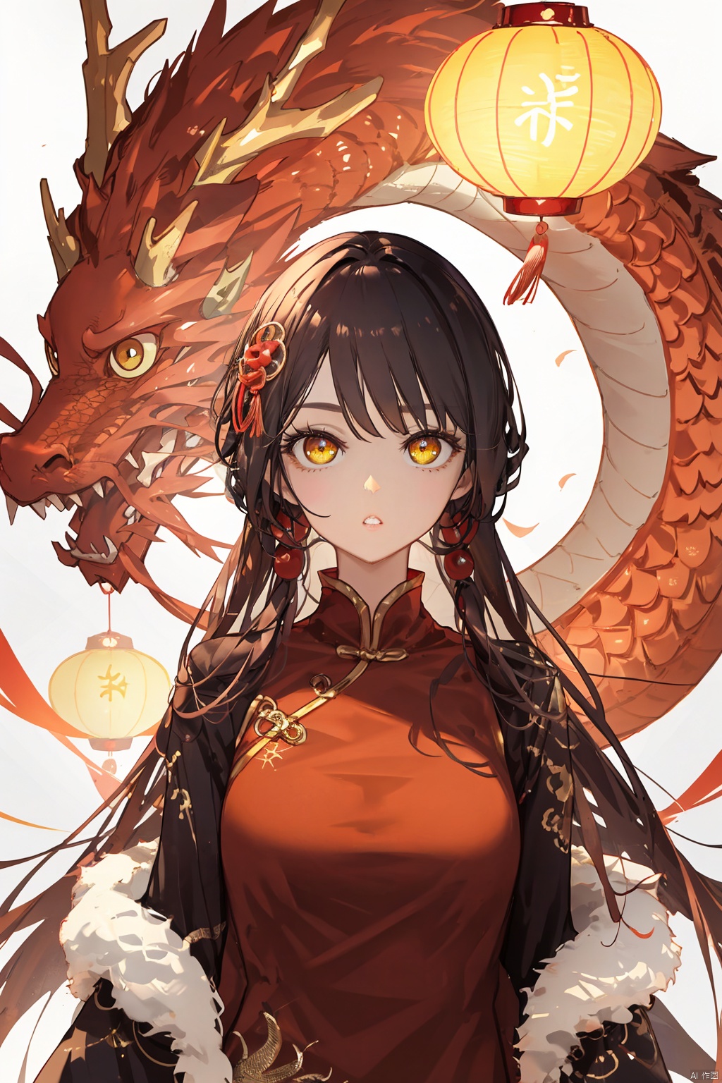 1girl, lantern, dragon, long hair, hand on own chest, chinese clothes, looking at viewer, upper body, eastern dragon, parted lips, red dress, paper lantern, dress, bangs, hair rings, breasts, solo, hair ornament, china dress, tassel, hand up, brown hair, sidelocks, teeth, black hair, medium breasts, orange eyes, yellow eyes