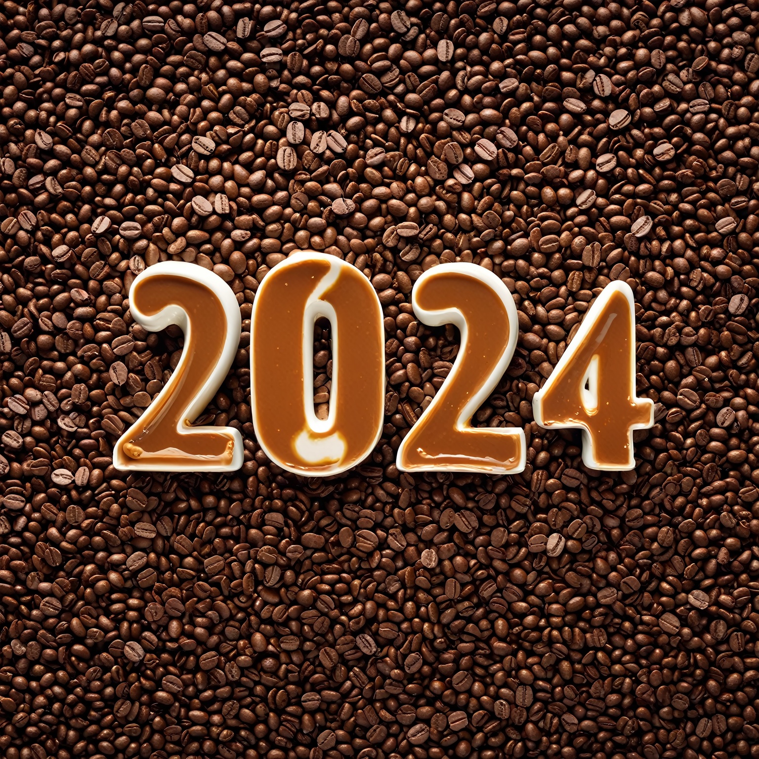 AiArtV, Happy New Year 2024, New Year 2024,  simple background, food, english text, cup, no humans, chocolate, coffee, food focus ,2024, template, background