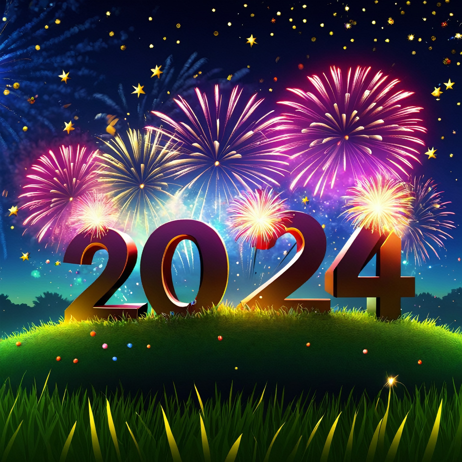 AiArtV, Happy New Year 2024, New Year 2024,  solo, outdoors, sky, english text, pokemon (creature), no humans, night, grass, star (sky), night sky, new year, happy new year, fireworks ,2024, template, background