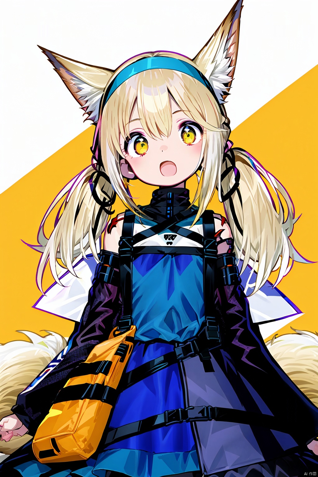  masterpicec,best quality,1girl, animal ears, suzuran (arknights), fox ears, solo, tail, fox tail, green eyes, blonde hair, looking at viewer, open mouth, earpiece, multicolored hair, bare shoulders, hairband, yellow background, fox girl, braid, infection monitor (arknights), oripathy lesion (arknights), :o, bangs, white hair, hair rings, multiple tails, blue hairband, animal ear fluff, dress, two-tone hair, frills
