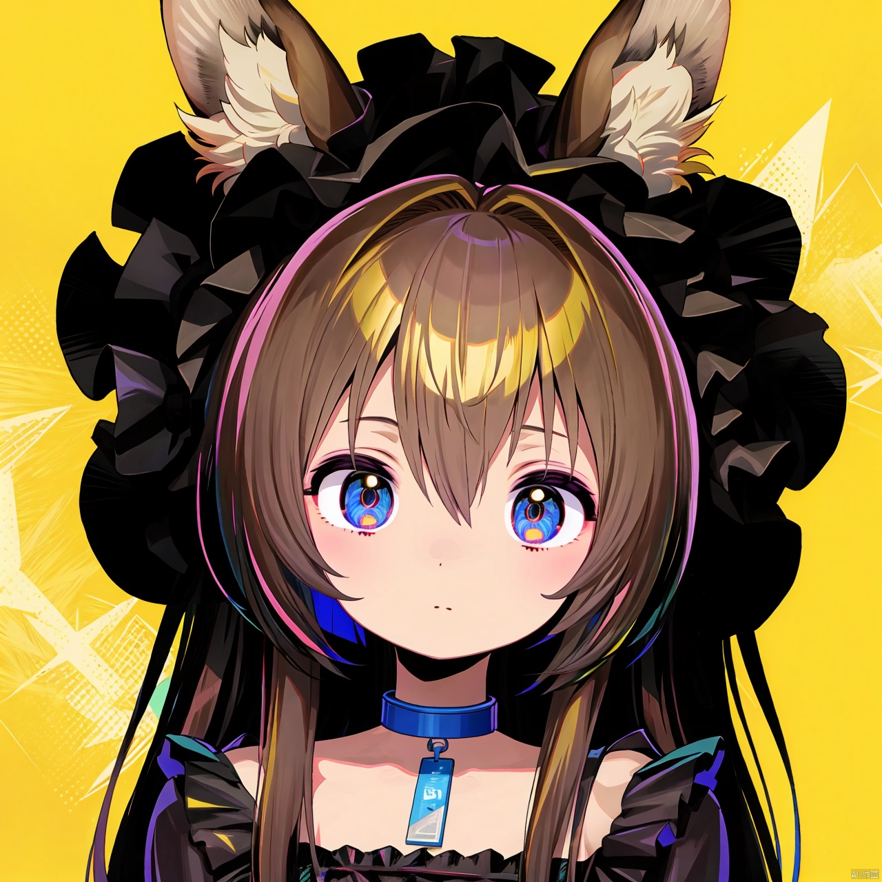  masterpicec,best quality,1girl, animal ears, solo, yellow background, amiya (arknights), brown hair, looking at viewer, rabbit ears, long hair, upper body, hair between eyes, multicolored eyes, frills, sidelocks, official alternate costume, dress, bangs, animal ear fluff, closed mouth, choker, simple background, blue eyes