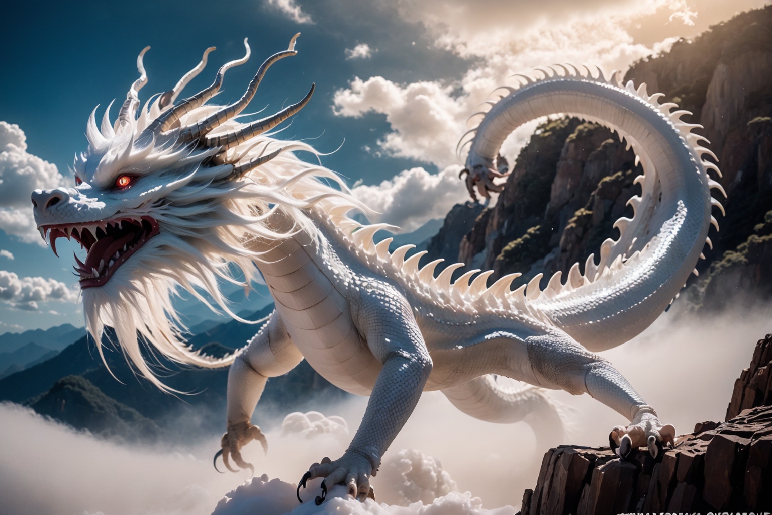 chinesedragon,full body,white dragon,no humans,eastern dragon,mountain,cloud,sky,glowing eyes,glowing,open mouth,fangs,fly in the sky,cloudy sky,dragon claw,bristles,manes,<lora:ChineseDragon_v1:1>,