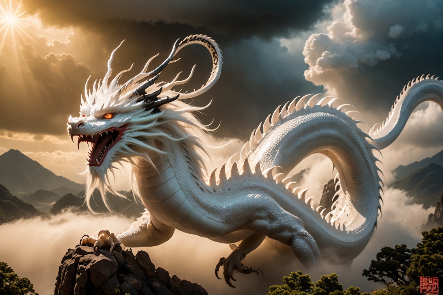 chinesedragon,full body,white dragon,no humans,eastern dragon,mountain,cloud,sky,glowing eyes,glowing,open mouth,fangs,fly in the sky,cloudy sky,dragon claw,bristles,manes,<lora:ChineseDragon_v1:1>,