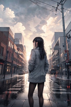  masterpiece,best quality,(ray tracing, cinematic lighting),ex-light,(central composition, Centered Composition and Symmetry:0.6),(back to camera:1.3),backlight,1girl,((solo)),black long hair,messy hair,jacket,pantyhose,rainy day,Cumulonimbus Cloud,(put hands in pockets),(outdoors, rain, sky, deserted streets, watered-down pavements, crossroad, fork in the road),tall buildings,bell towers,glass,reflections,streetlights,sunset,Tyndall Effect,