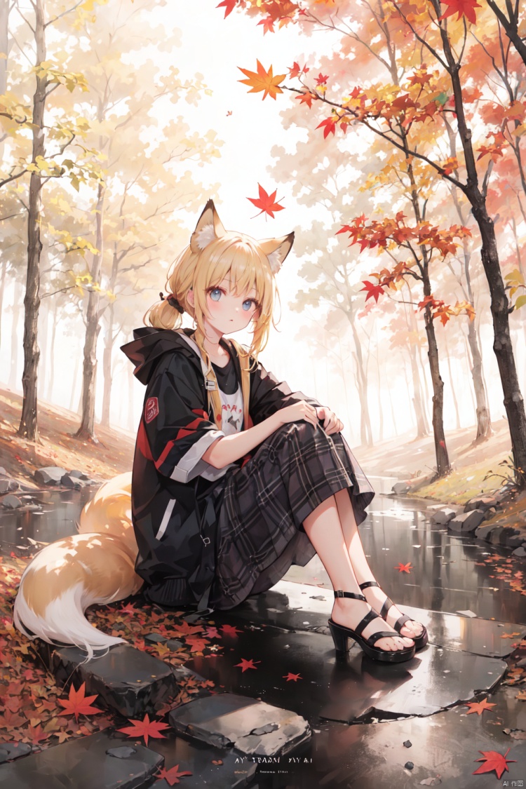  1girl, solo, looking at viewer, sitting, fox ears, full body, strappy heels,plaid shirt, short sleeves,jacket, bow, bangs, low ponytail, blonde hair fox tail, fox girl, kitsune, ((autumn, outdoors, day, forest, falling leaves, bird, leaf)), (fog, dyntall effect), (wide shot, panorama, full body, depth of field),(movie poster,english text),(Flagstone road,branches)