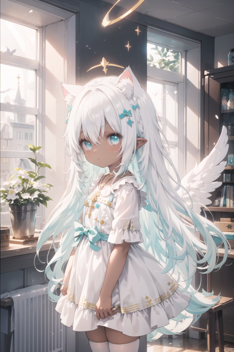  white hair, yellow eyes, aqua eyes, looking up, stockings, dark skin, long hair, hime cut, messy hair, floating hair, demon wings, halo, cross necklace, holy, divinity, shine, holy light, cat girl, (loli), (petite), solo, cozy anime, houtufeng, letterboxed