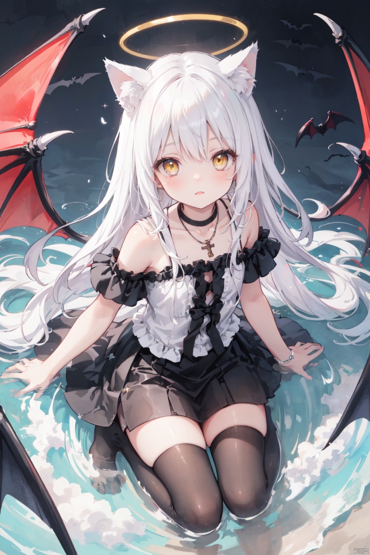 white hair,yellow eyes,looking up,stockings,long hair,messy hair,floating hair,(demon wings,bat),halo,cross necklace,holy,divinity,shine,holy light,cat girl,(petite),solo