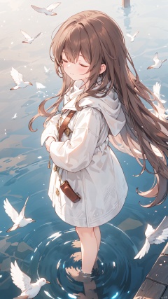  1girl, brown hair, long hair, closed eyes, (above ground), (water surface, reflection, surrounded by white birds), ((from above)), blurry, (full body, wide shot, panorama), (grey background), (shining, fog)