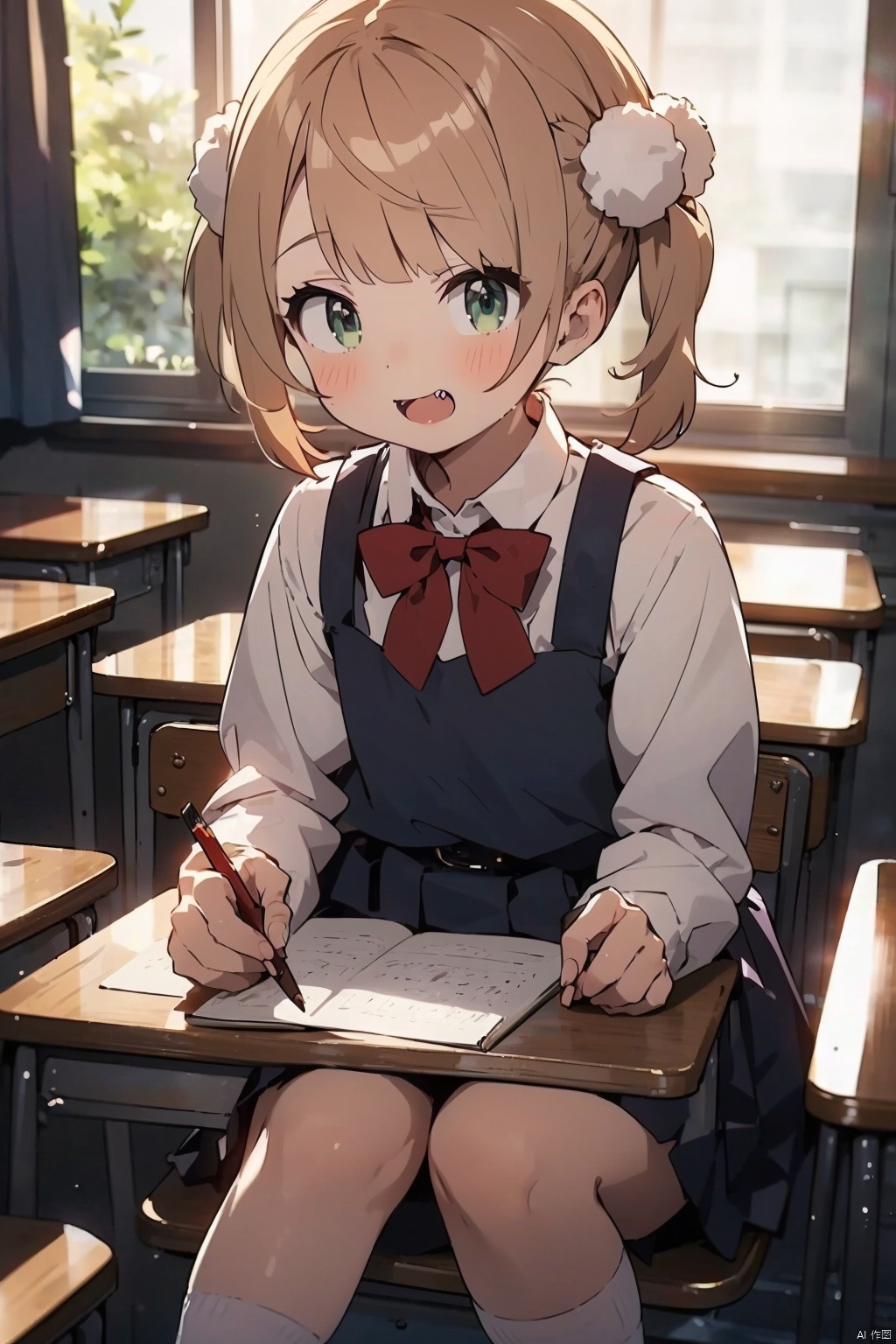  masterpiece, best quality, highres,1 girl, solo, green eyes,flat chest, school uniform, doing homework, sitting on a chair, in the classroom, looking at her homework, cozy anime, ui, ray tracing, pom pom hair ornament,smile, fang,open mouth, twintails,
pinafore dress, white shirt, white socks, long sleeves, short hair, belt, red bowtie, bangs, school uniform, blue dress, collared shirt,blonde hair, light brown hair,