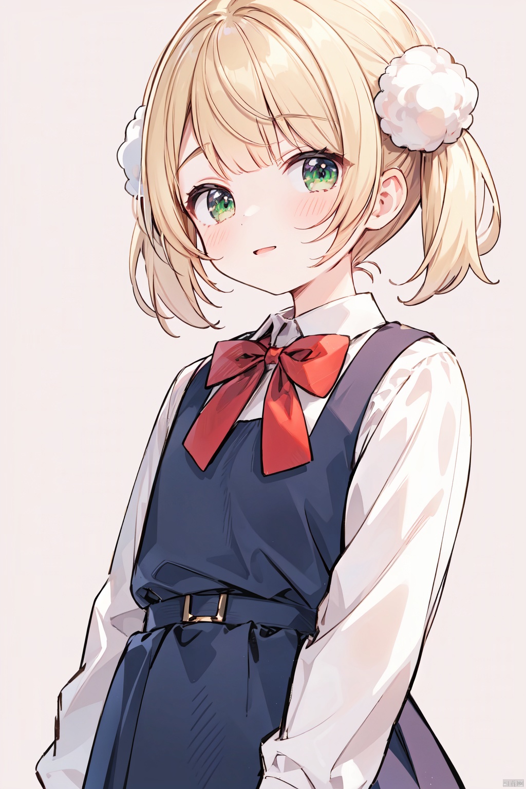 masterpiece, best quality, highres, ui, pom pom hair ornament, 1girl, solo, green eyes, hair ornament, pom pom \(clothes\), short hair, bow, twintails, blonde hair, shirt, red bow, looking at viewer, bangs, holding, white shirt, upper body, aged down, light brown hair, blush, pink background, bowtie, collared shirt, short twintails, female child, dress, child,
