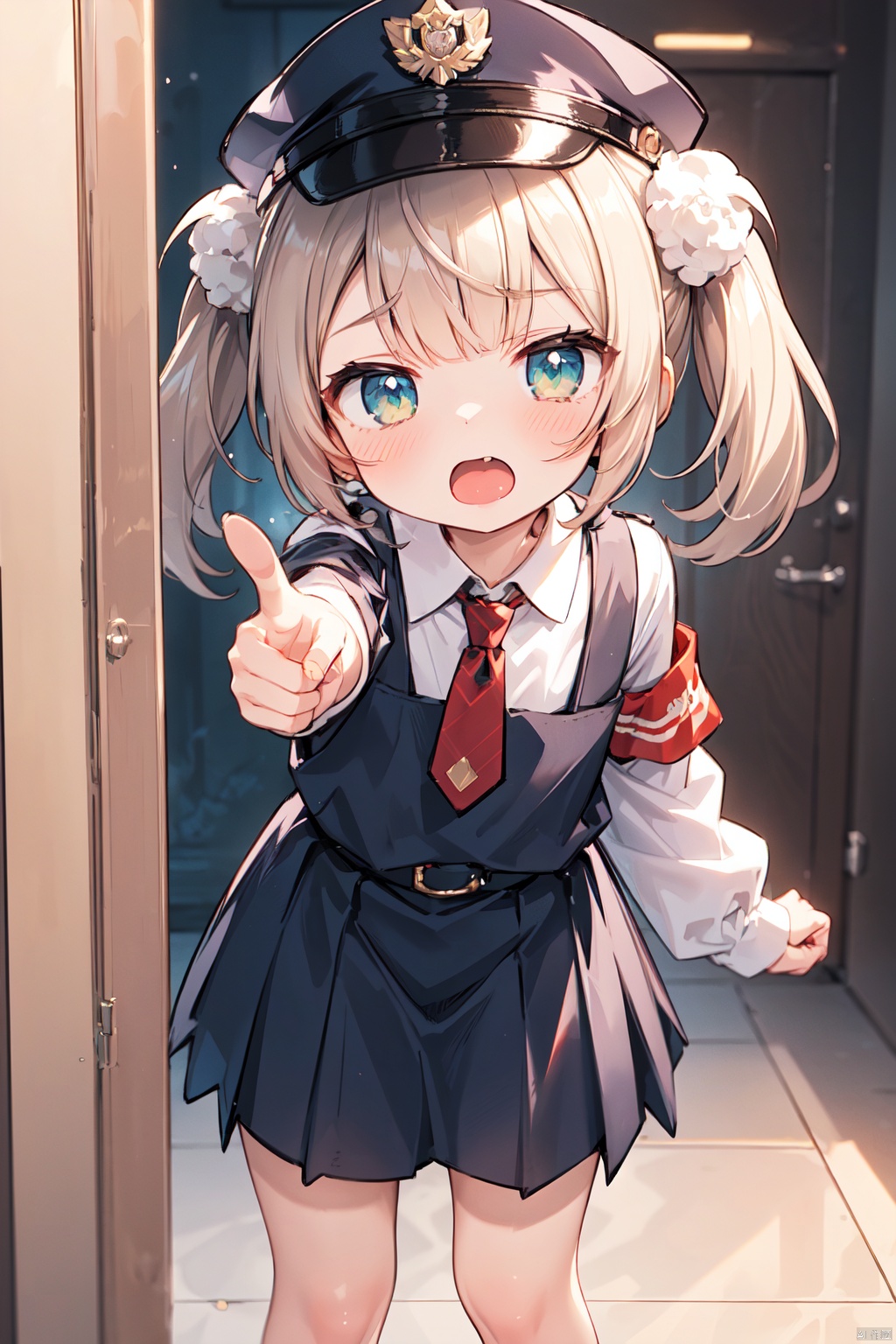 ((best quality)), ((masterpiece)), ((ultra-detailed)), (illustration), (detailed light), (an extremely delicate and beautiful), twintails, 1girl, round face, (petite child:1.2), armband, 1girl, solo, peaked_cap, police_hat, bare_shoulders, necktie, ray tracing,, loli,fang,frown,open mouth,screaming,annoyed,disgust,
policewoman, police suit, skirt, police hat, opened door background, she is standing outside the door, looking at viewer,Pointing at viewer,from above,look up, ui