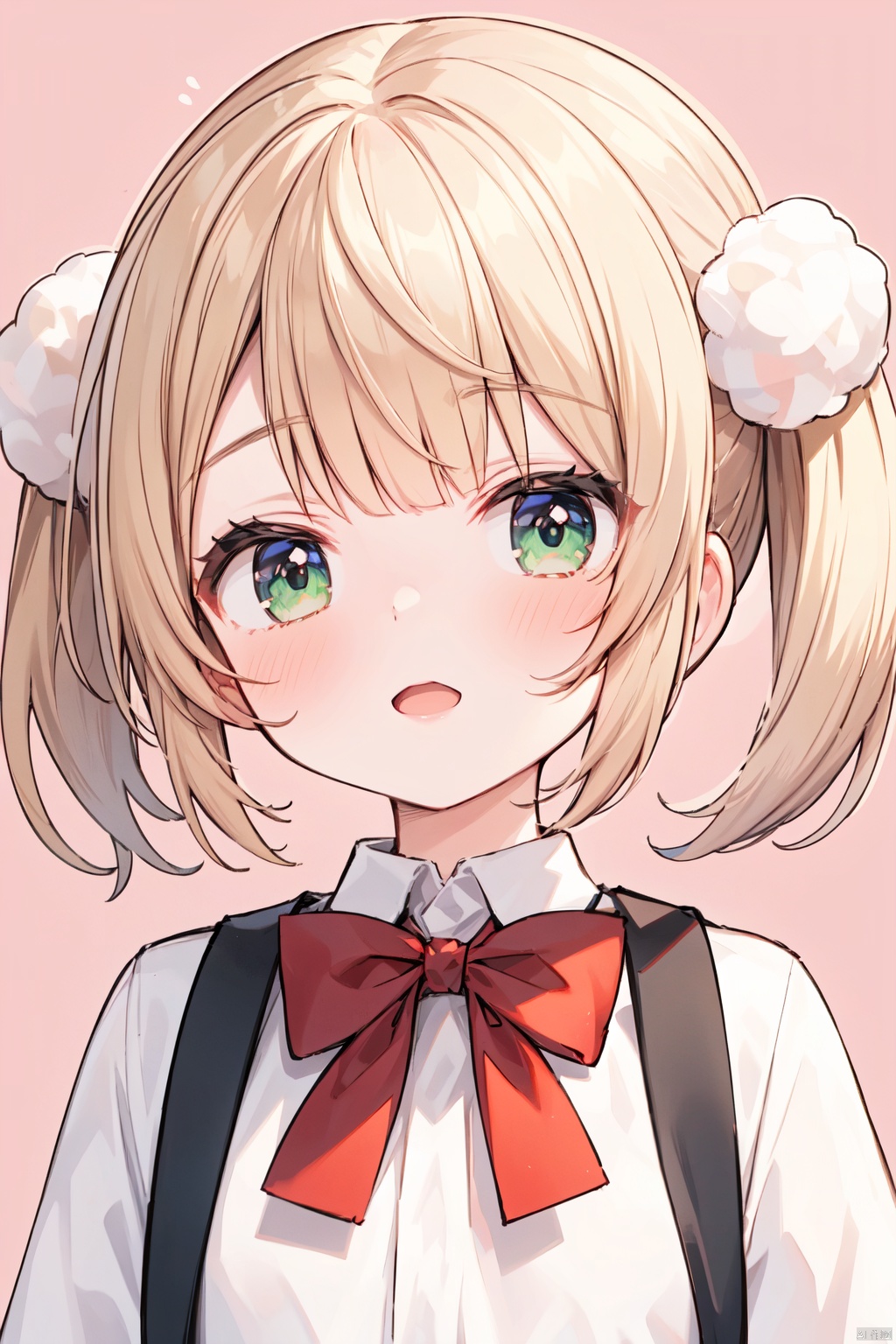 masterpiece, best quality, highres, ui, pom pom hair ornament, 1girl, solo, green eyes, hair ornament, pom pom \(clothes\), short hair, bow, twintails, blonde hair, shirt, red bow, looking at viewer, bangs, holding, white shirt, upper body, aged down, light brown hair, blush, pink background, bowtie, collared shirt, short twintails, female child, dress, child,