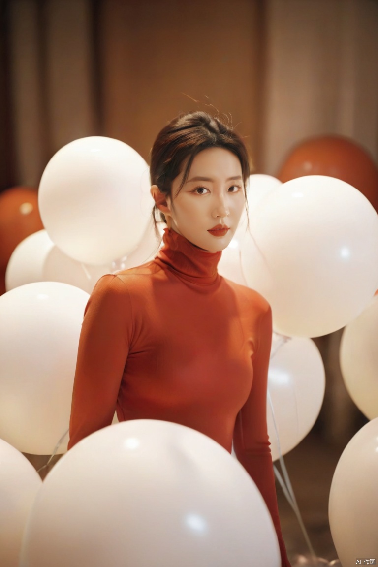  breathtaking cinematic film still,Cowboy_Shot,blouse,a cinematic fashion portrait photo of beautiful young woman from the 90s wearing a red turtleneck standing in the middle of a ton of white balloons,dramatic lighting,taken on a hasselblad medium format camera,looks like liuyifei,white balloon,shallow depth of field,vignette,highly detailed,high budget,bokeh,cinemascope,moody,epic,gorgeous,film grain,grainy . award-winning,professional,highly detailed,sc,monkren,, monkren, sunlight, Professional