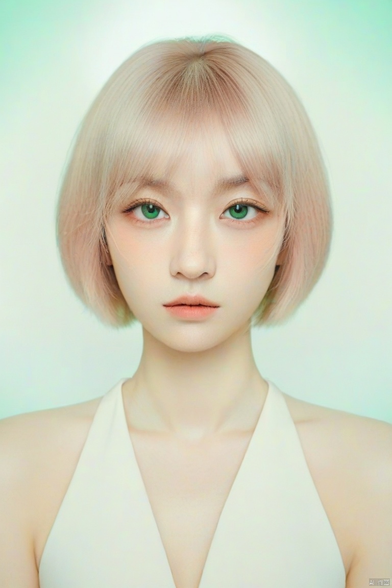  blunt bangs, masterpiece, best quality, best illustration, ultra-detailed, upper body, solo, 1 girl, looking at viewer, upright, arms at sides, beautiful detailed eyes, concept art, white background, simple background, white hair, green gradient hair, blush, short hair,blonde hair, 1girl, Professional, film