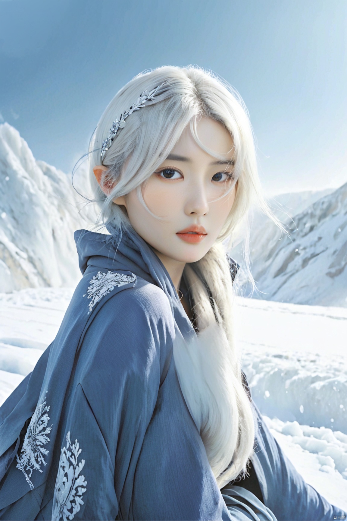  Illustrate a girl with the power of ice, featuring ice-white hair and clothing, set in a snowy landscape. Emphasize (((intricate details))), (((highest quality))), (((extreme detail quality))), and a (((captivating winter composition))). Use a palette of cool blues and whites, drawing inspiration from artists like Artgerm, Sakimichan, and Stanley Lau,midjourney, Professional