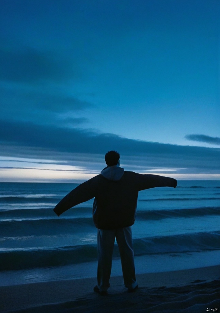 a man standing on a beach next to a large wave in the ocean with his arms outstretched in the air, 1boy, beach, blue sky, blue theme, cloud, cloudy sky, coat, from behind, horizon, lake, long sleeves, male focus, monochrome, night, night sky, ocean, outdoors, rain, scenery, sky, solo, standing, sunset, water, waves
