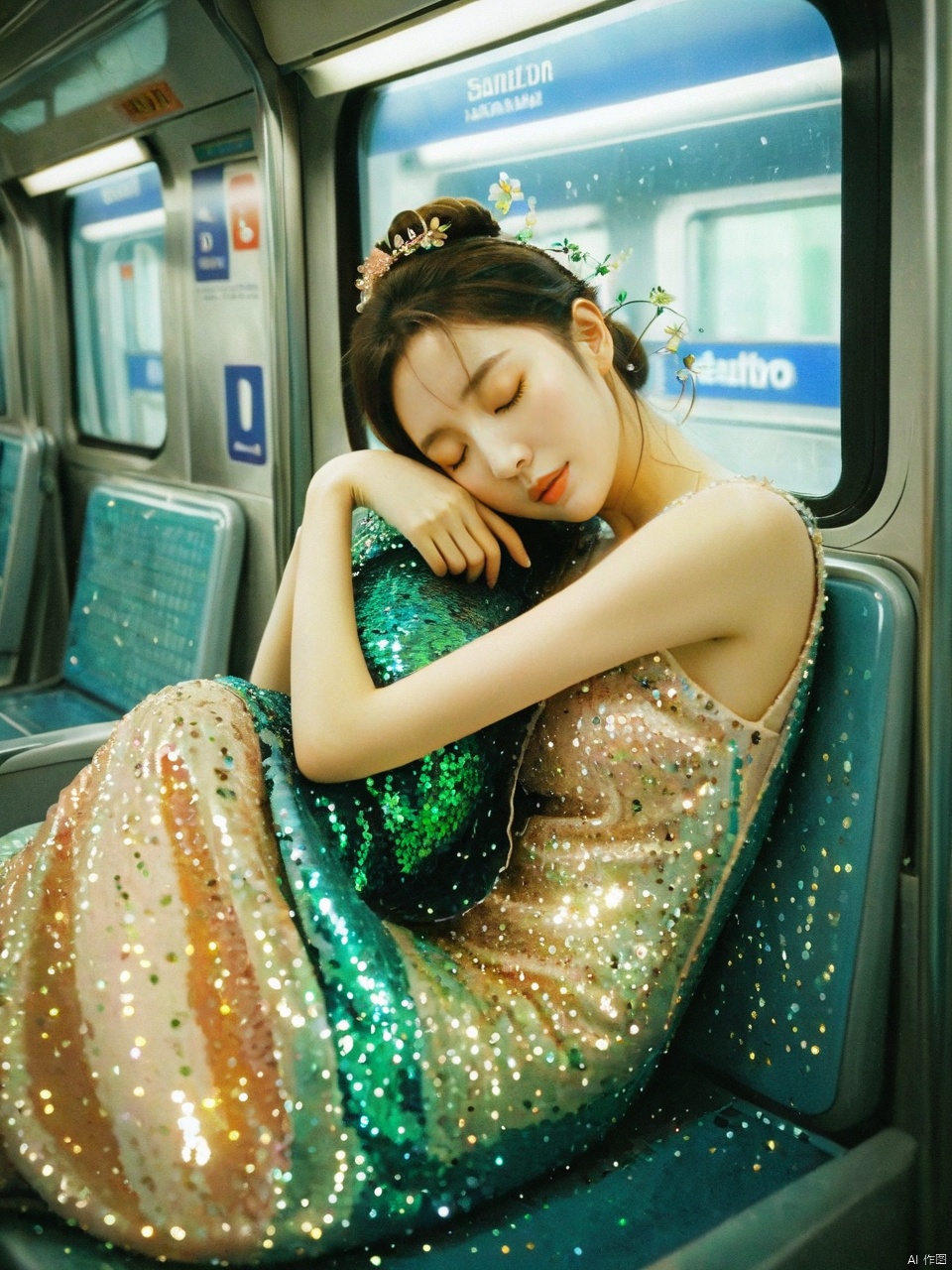  1girl, realstic, fairy sleeping in the metro sequins fireflies
, Professional