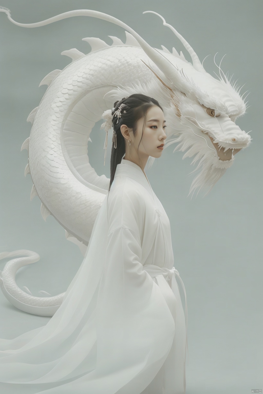  A girl, (Oriental Dragon:1.2), gray background, blurry, sulong ,solo