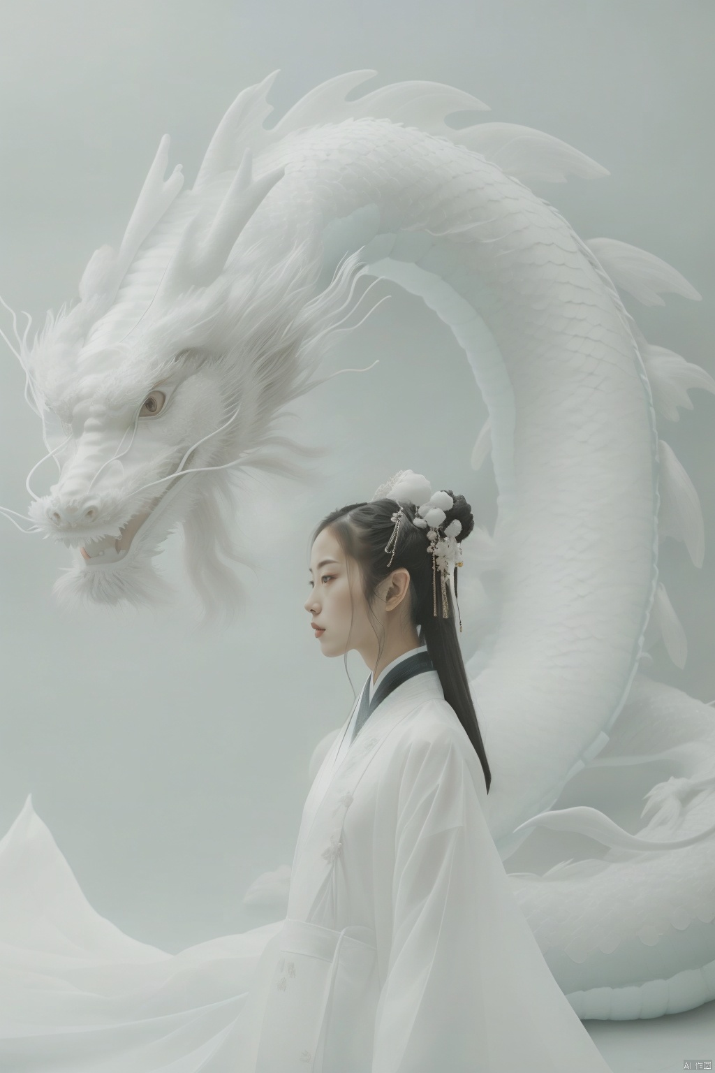  A girl, (Oriental Dragon:1.2), gray background, blurry, sulong ,solo