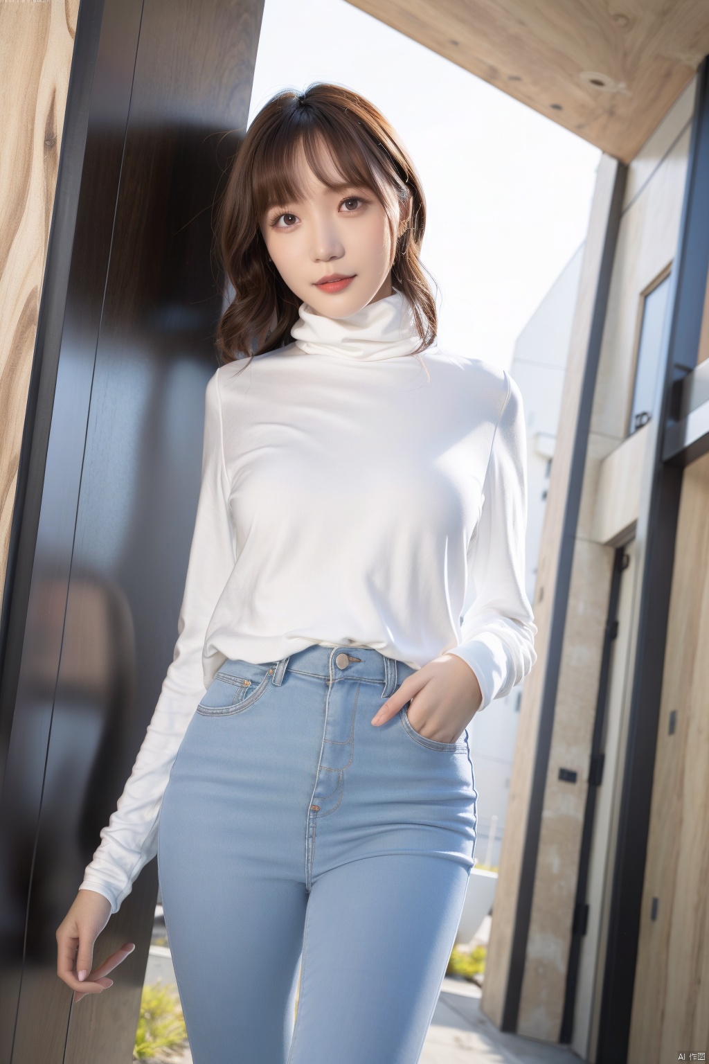 009lxx, 1girl named aki, 1girl,solo, jeans, pants, shirt, brown hair, door, white shirt, brown eyes, realistic, looking at viewer, standing, long sleeves, bangs,blue pants, long hair, shirt  red lips, lips, outdoors, building, smile, turtleneck, parted lips ,good anatomy, good proportions, shapely body, 