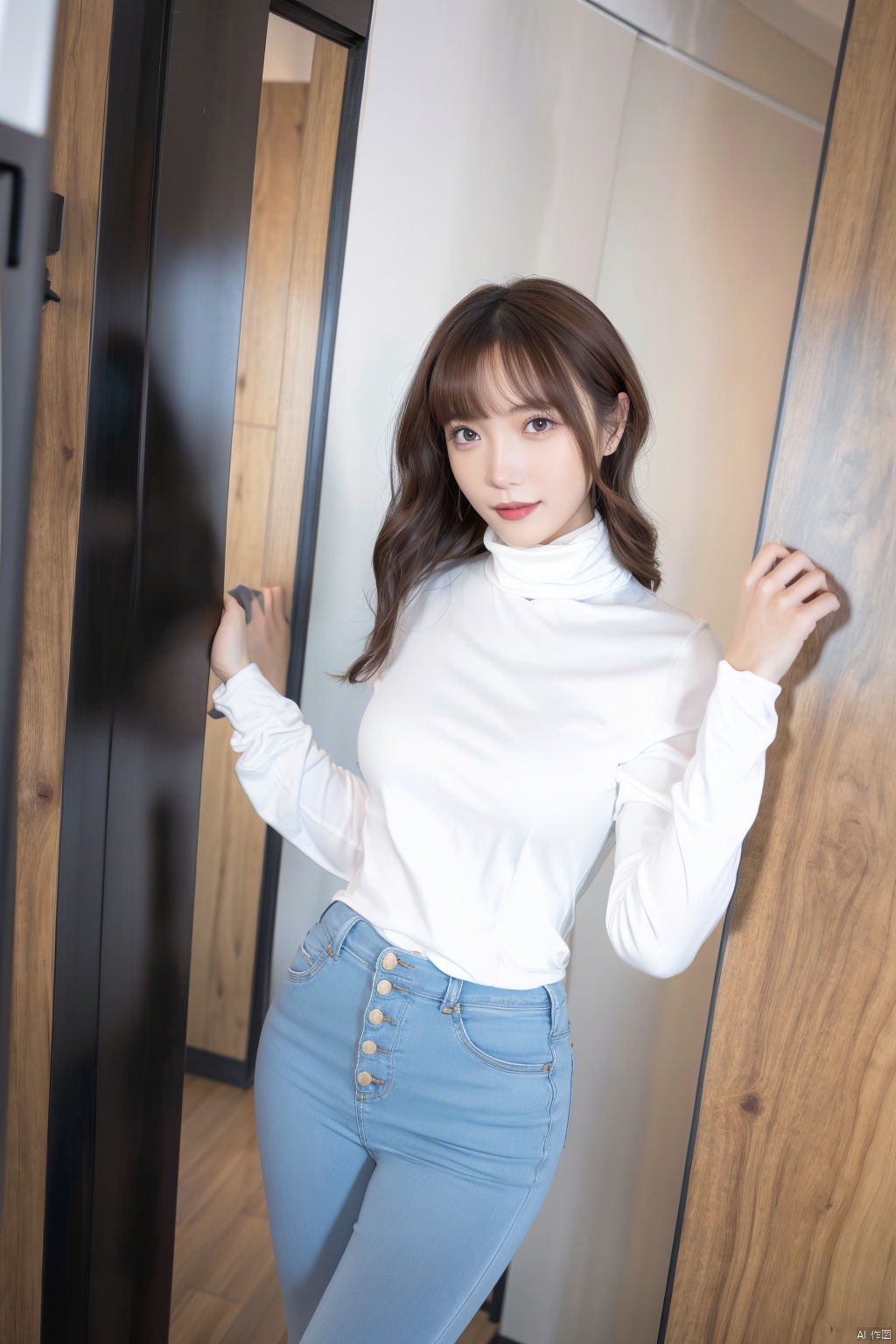 009lxx, 1girl named aki, 1girl, denim, solo, jeans, pants, shirt, brown hair, door, white shirt, brown eyes, realistic, looking at viewer, standing, long sleeves, bangs, hand up, blue pants, long hair, shirt tucked in, medium hair, red lips, lips, indoors, building, smile, turtleneck, parted lips ,good anatomy, good proportions, shapely body, 