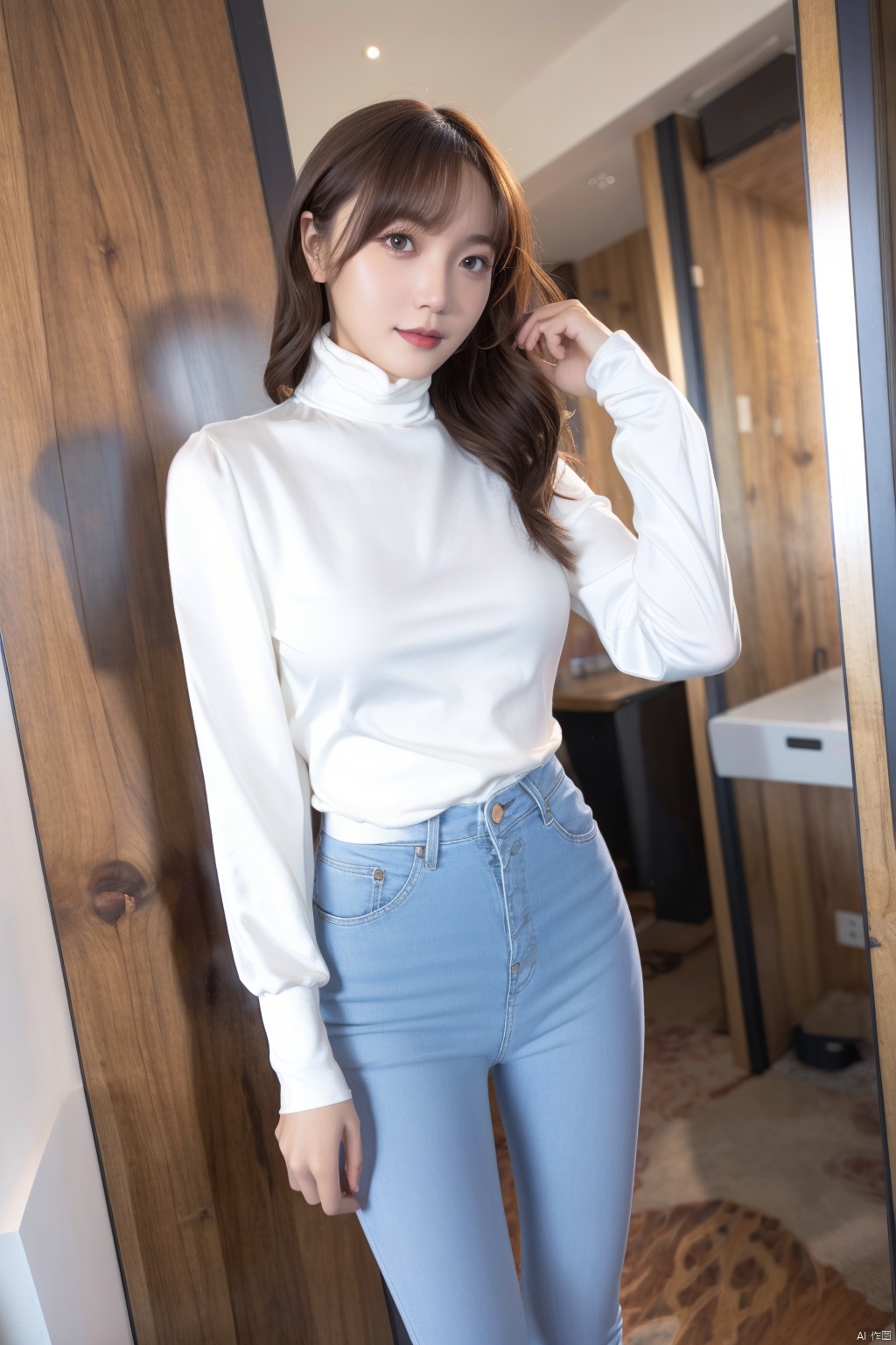 009lxx, 1girl named aki, 1girl, denim, solo, jeans, pants, shirt, brown hair, door, white shirt, brown eyes, realistic, looking at viewer, standing, long sleeves, bangs, hand up, blue pants, long hair, shirt tucked in, medium hair, red lips, lips, indoors, building, smile, turtleneck, parted lips ,good anatomy, good proportions, shapely body, 